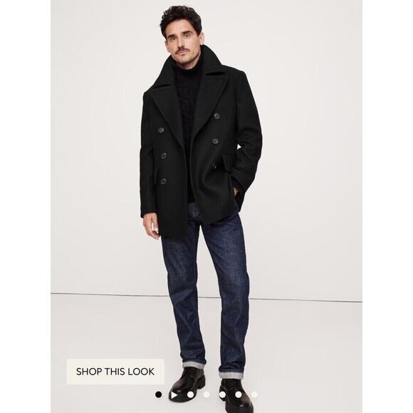 NEW BANANA REPUBLIC BLACK Italian Wool Blend PEA COAT SZ XL - Picture 1 of 5